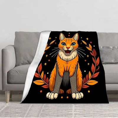 Vibrant Orange Cat with Blue Eyes Flannel Blanket - Cozy Autumn Leaves Design - Image 1 of 4