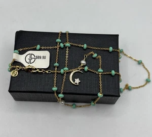 GS Signed Crystal Moon Stars Blue Glass Faux Pearl Station Lariat Necklace - Picture 1 of 7