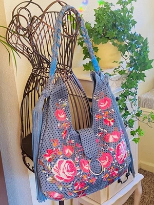 Vintage Sharif NY Embroidered Rose Soft Leather Large Hobo Shoulder Bag Boho - Image 1 of 4