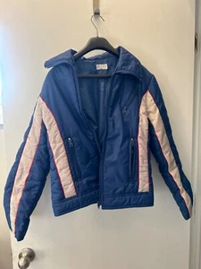 VINTAGE! Medium 70/80s Korean Insulated Puffer Jacket Blue Stripe - Picture 1 of 6