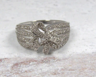 14K White Gold and Diamond Ribbon Bow Band Ring 9.75 Statement Cocktail - Image 1 of 4