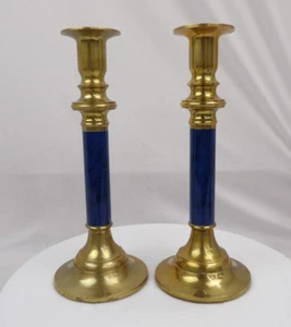 Set of 2 8.5” Vintage MCM Brass and Marble Accent Tapered Candle Stick Holders - Picture 1 of 12