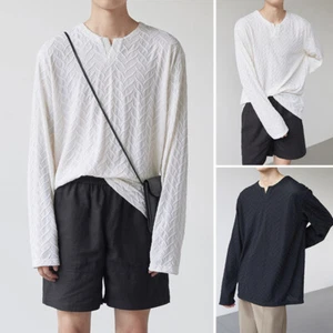 Mens Basic Tee Shirt Long Sleeve V Neck Loose Plain Tops O-Neck Blouses Pullover - Picture 1 of 14