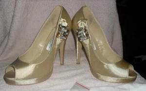 **WEDDING SHOES CHAMPAGNE HEELS JIMMY CHOO SHOES CREAM GOLD JEWEL PLATFORM 39** - Picture 1 of 10
