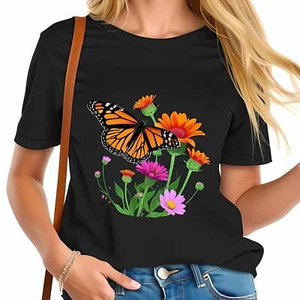 Vibrant Monarch Butterfly T-Shirt for Women - Spring Floral Design -All cotton - Picture 1 of 4