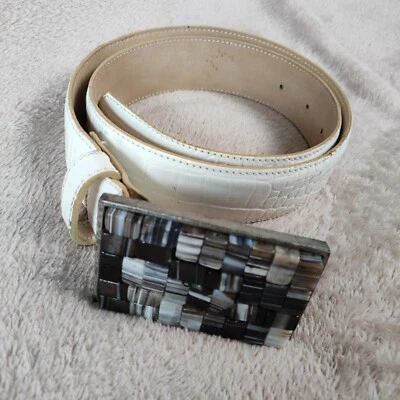 Cinturón de cuero Rock vintage para mujer blanco roto cuero en relieve hebilla de piedra 32/S Foto 1 de 4