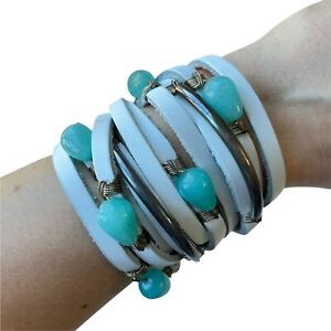 Taylor and Tessier Iconic Shred Beaded Leather Wrap Bracelet Turquoise White