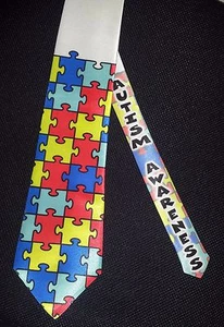 Autism Awareness puzzle tie - White satin classic tie - Picture 1 of 2