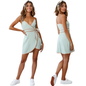 NWT Selfie Leslie Kina Belted Wrap Mini Dress Womens XL Pistachio Green Vacation - Picture 1 of 15