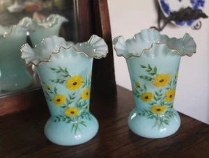 Matching Pair Antique Blue Opaline Bristol? Glass Ruffled Vases Hand Painted - Picture 1 of 20