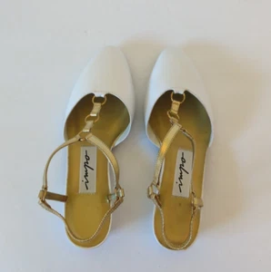 Impo white patent Leather closed Toe wedge w/gold slip-on strap/ Size 8 B - Picture 1 of 8