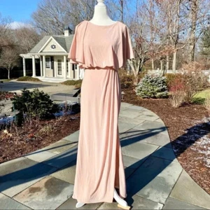 Maxi abito lungo nuovo con etichette Anthropologie BHLDN Lena jersey manica svasata rosa blush 2 - Foto 1 di 12