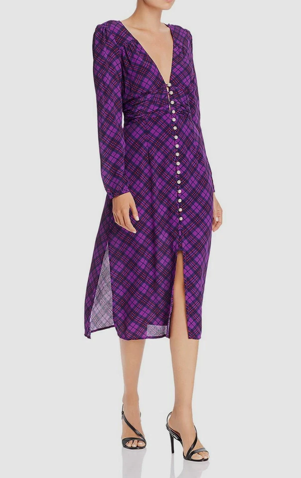 Rahi Womens Trista Purple Puff Sleeve Plaid V-neck Midi Dress M BHFO 9347