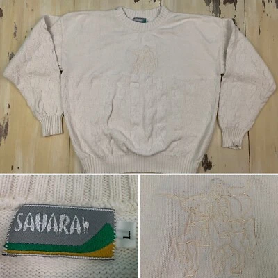 SAHARA - Vtg 80s-90s Off-White Embroidered Knight Cotton Sweater, Mens LARGE - Image 1 of 4
