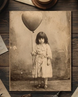 Vintage Victorian Girl with Heart Balloon Valentine Card Gothic Antique Oddity - Image 1 of 4