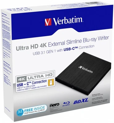 Verbatim 43888 External SlimLine BlueRay Write - Ultra HD 4K - Image 1 of 4