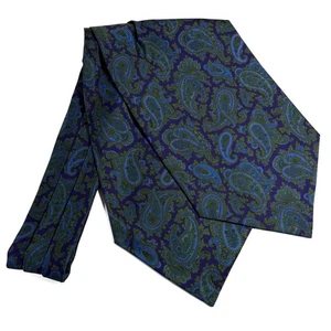 Screen-Printed Navy Blue & Green Paisley Silk Cravat/Ascot (Handmade in Italy) - Picture 1 of 4