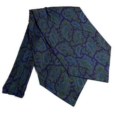 屏幕印刷海军蓝和绿色佩斯利丝绸领带/阿斯科特(意大利手工制作) — 第 1/4 张图片