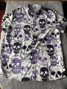 ROMWE Herren Hemd mit großer Knopfleiste schwarz Totenkopf Knochen seidiger Satin - Bild 1 von 3