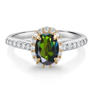 10K White Gold Tourmaline Green Mystic Topaz White White Lab Grown Diamond Halo - Picture 1 of 4