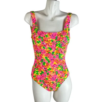 Traje de baño de neón Lucas de colección de los 80 traje de baño de una pieza floral rosa naranja talla 7/8 Foto 1 de 4