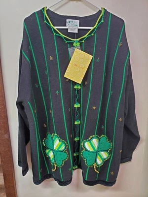 Quacker Factory Cardigan Sweater Womens 3X St Patrick's Day Shamrock Irish Green - Image 1 of 4