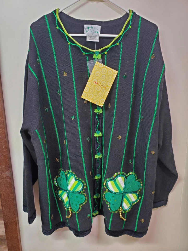 Quacker Factory Cardigan Sweater Womens 3X St Patrick's Day Shamrock Irish Green - Image 1 of 4
