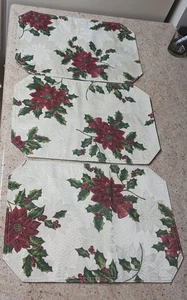 Poinsettia Placemats Set Of 3 Fabric Holly Christmas Holiday Dining Decor (B) - Picture 1 of 15
