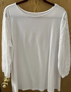 Belle By Kim Gravel White Eyelet Sleeves Knit Top XL 14 16 - Picture 1 of 5