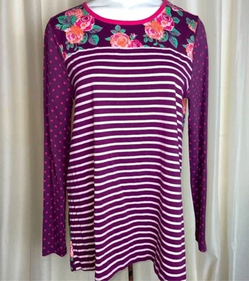 Camiseta Top MATILDA JANE Calling Bird RAYAS Y LUNARES MORADOS Y FLORAL Tejido Suave Talla L Foto 1 de 4