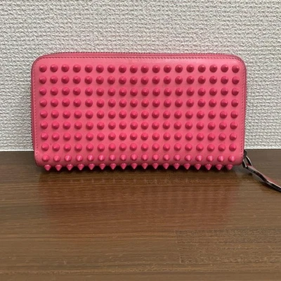 Christian Louboutin Auténtico Doble Plegable Largo Cartera Monedero Rosa Cremallera Tachuelas Pico Rojo Foto 1 de 4