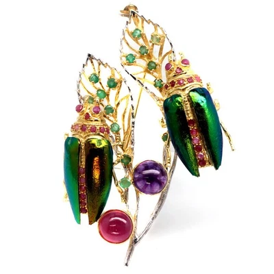 925 Silver Red Ruby, Amethyst, Emerald & Jewel Beetle Wings Brooch/Pendant - Image 1 of 4