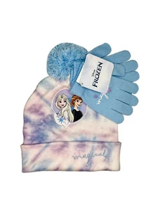 Disney Frozen Girls Beanie Pom Tie-dye Hat & Blue Gloves Set OSFM - NWT - Picture 1 of 7