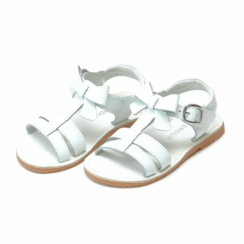 L'Amour Shoes Janie White Leather T-Strap Bow Sandal - Image 1 of 1