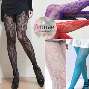 fishnet tights lace FLORAL SWIRL mesh pattern mod 8/10/12/14 rave Y2K retro - Picture 1 of 31