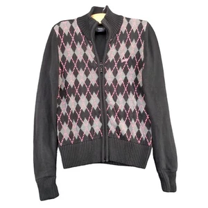 Le Tigre Women's Full Zip Knit Sweater Large Long Sleeve Black Argyle Cotton - Picture 1 of 13