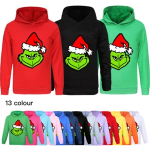 Kids Boys Girls Santa Grinch Christmas Hoodie Jumper Sweatshirt Pullover Tops UK - Picture 1 of 32