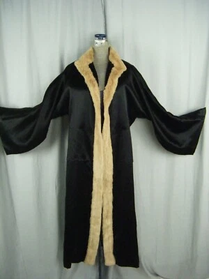 JEANNE PAQUIN 1931 черный атласный шелк вечернее пальто с кроличий мех бюст 40/M - Изображение 1 из 4