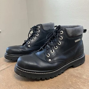 Y2K Skechers Lug Sole Ankle Boots Men's 10.5 Black Leather Lace Up Vintage 90s - Picture 1 of 24