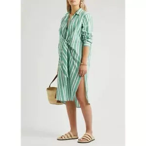 NWT Gigamus Ma’am Striped Cotton Midi Dress Green White Collared Button Down M - Picture 1 of 14