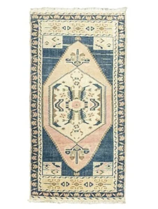 Vintage Turkish Oushak Rug 1.8x3.5 ft – Muted Peach Navy Blue Small Wool Runner - Picture 1 of 11