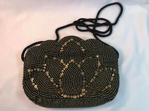 BLACK AND GOLD BEADED EVENING BAG WITH SCALLOPED EDGE WITH BLACK CORD SHOULDER S - Picture 1 of 3