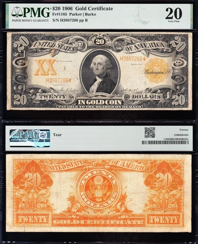 VERY NICE Bold & Crisp VF 1906 $20 1185 Parker-Burke GOLD CERTIFICATE! PMG 20! Cover