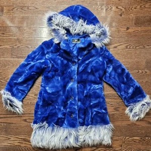 Vtg Y2K Blanc Noir Blue Fuzzy Hooded Jacket Sz M Boho Chic Outerwear Penny Lane - Picture 1 of 10