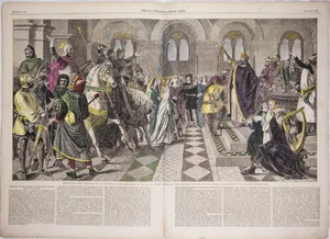 1864 SIR TRISTRAM ZUGELASSEN ZUM TISCHRUNDEN HANDKOLORIERTER GRAVUR 22x16 Lesen P383 - Bild 1 von 3