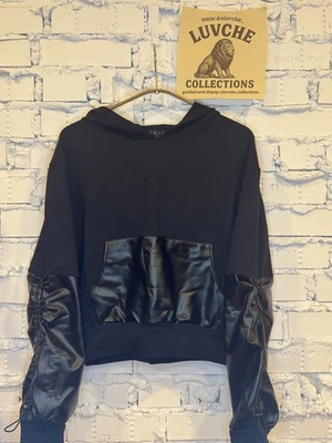Noli Hoodie Faux Leather Pocket Pullover Drawstring Sleeve - Image 1 of 4