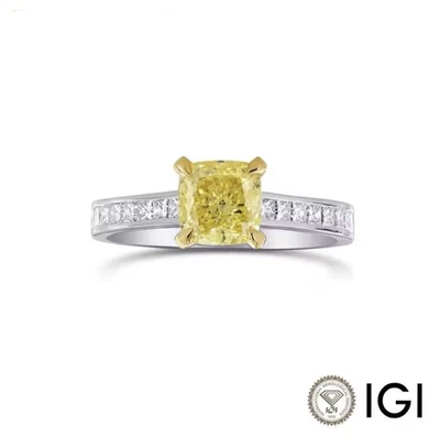 1ct Fancy Yellow Cushion Lab-Grown Diamond Princess Accents 14k Solid White Gold - image 1 of 4