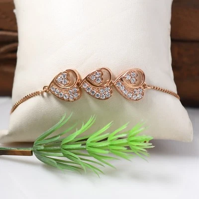 Triple Heart Bracelet, 925 Sterling Silver, Pave CZ Adjustable Bracelet - Imagem 1 de 3