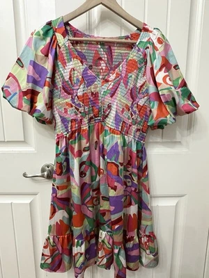 JODIFL 多色连衣裙 尺寸 M 泡泡袖缩褶紧身缎面粉色绿色紫色 — 第 1/4 张图片