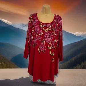 JM Collections Red Floral Top Size 2X Stretchy Soft Rayon Spandex 3/4 Sleeves - Picture 1 of 13